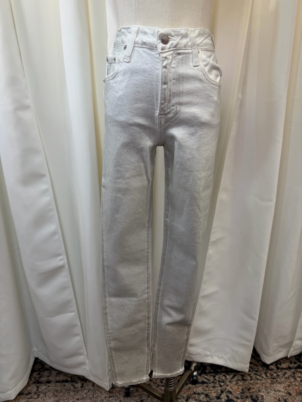 NWT Simkhai ‘Rae’ Silver Metallic High-Rise Skinny Jeans w/ Slit Hems Size 26